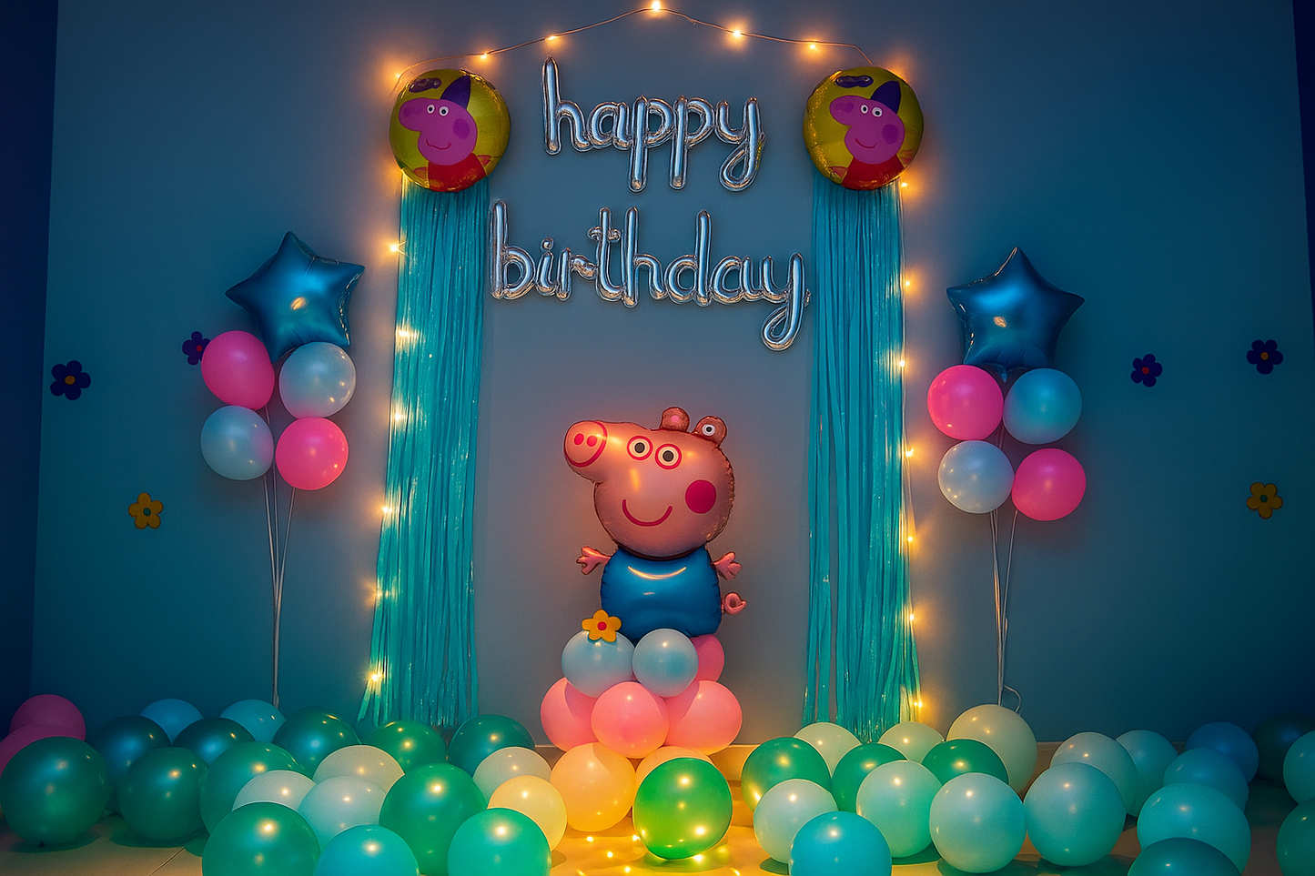 Kids Peppa Pig theme party setup featuring balloons, banner, foil balloons, star balloons, and blue frill curtains.