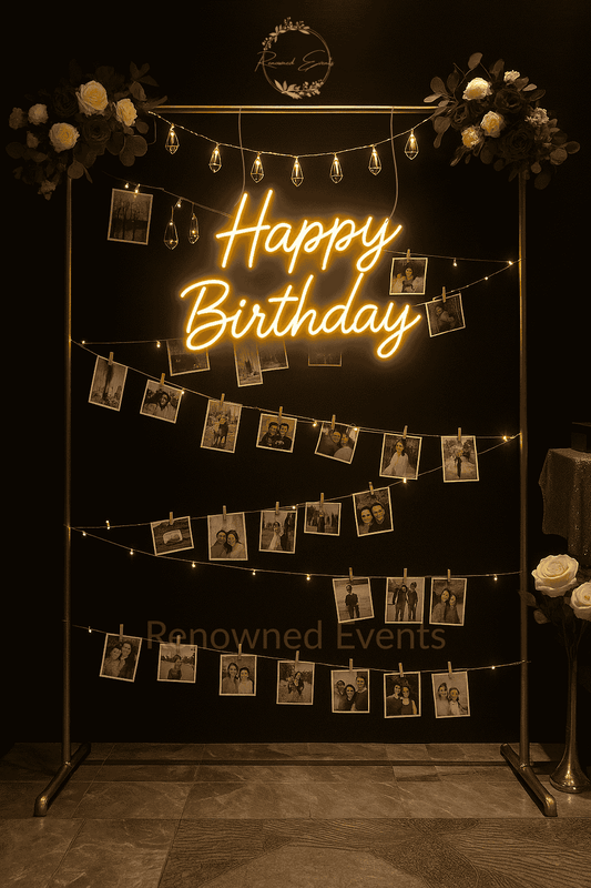 Personalized Birthday Photo & Memory Wall Display Backdrop with Fairy Lights for Party Decoration