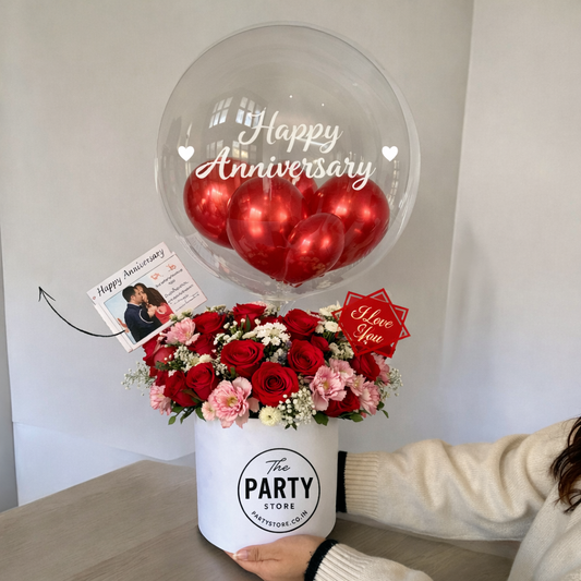 Romantic anniversary flower box with bubble balloon and photo