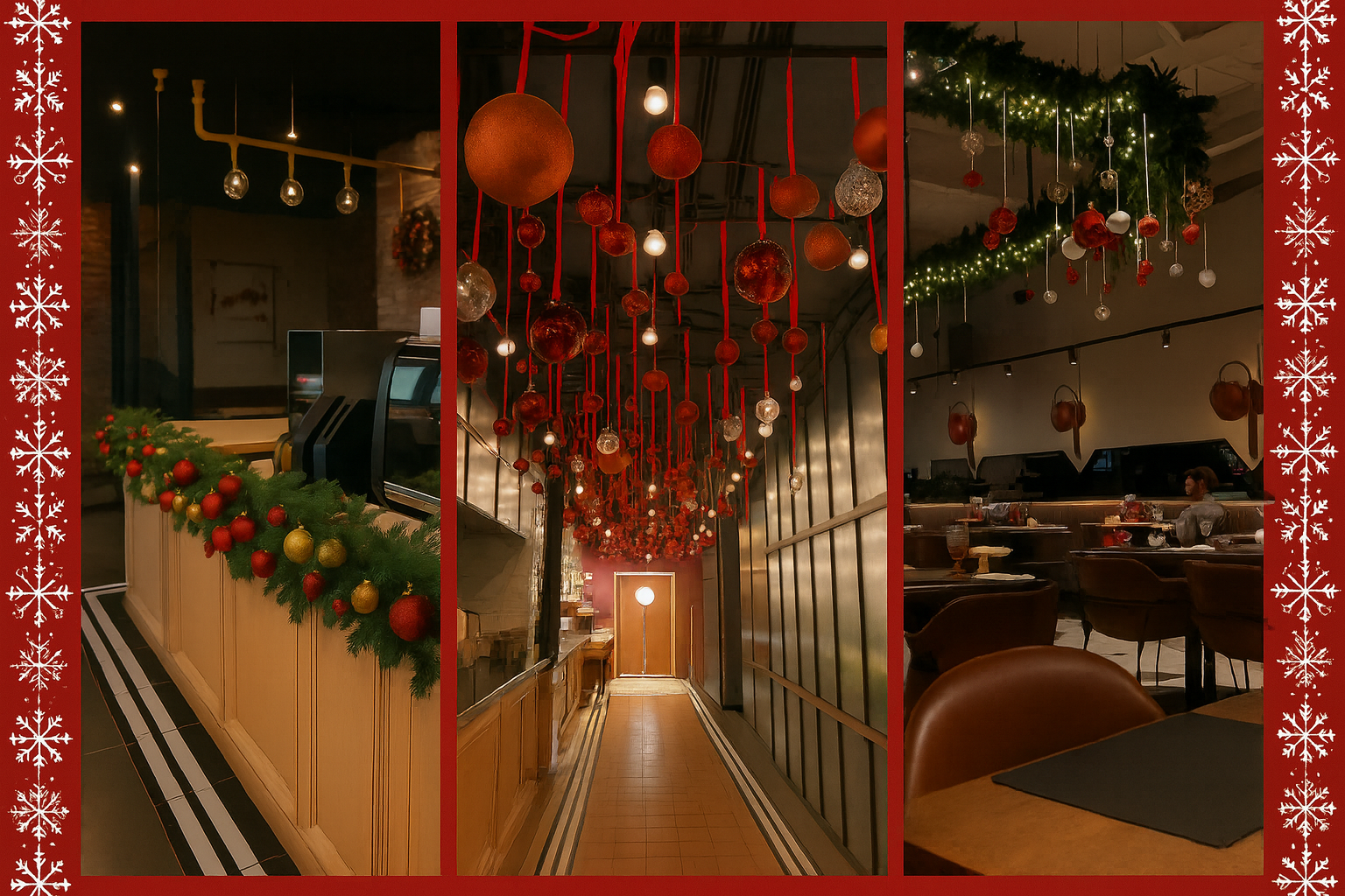 Christmas restaurant decor setup featuring garland-covered counter, hanging red and gold ornaments, and ceiling greenery with fairy lights by Renowned Events