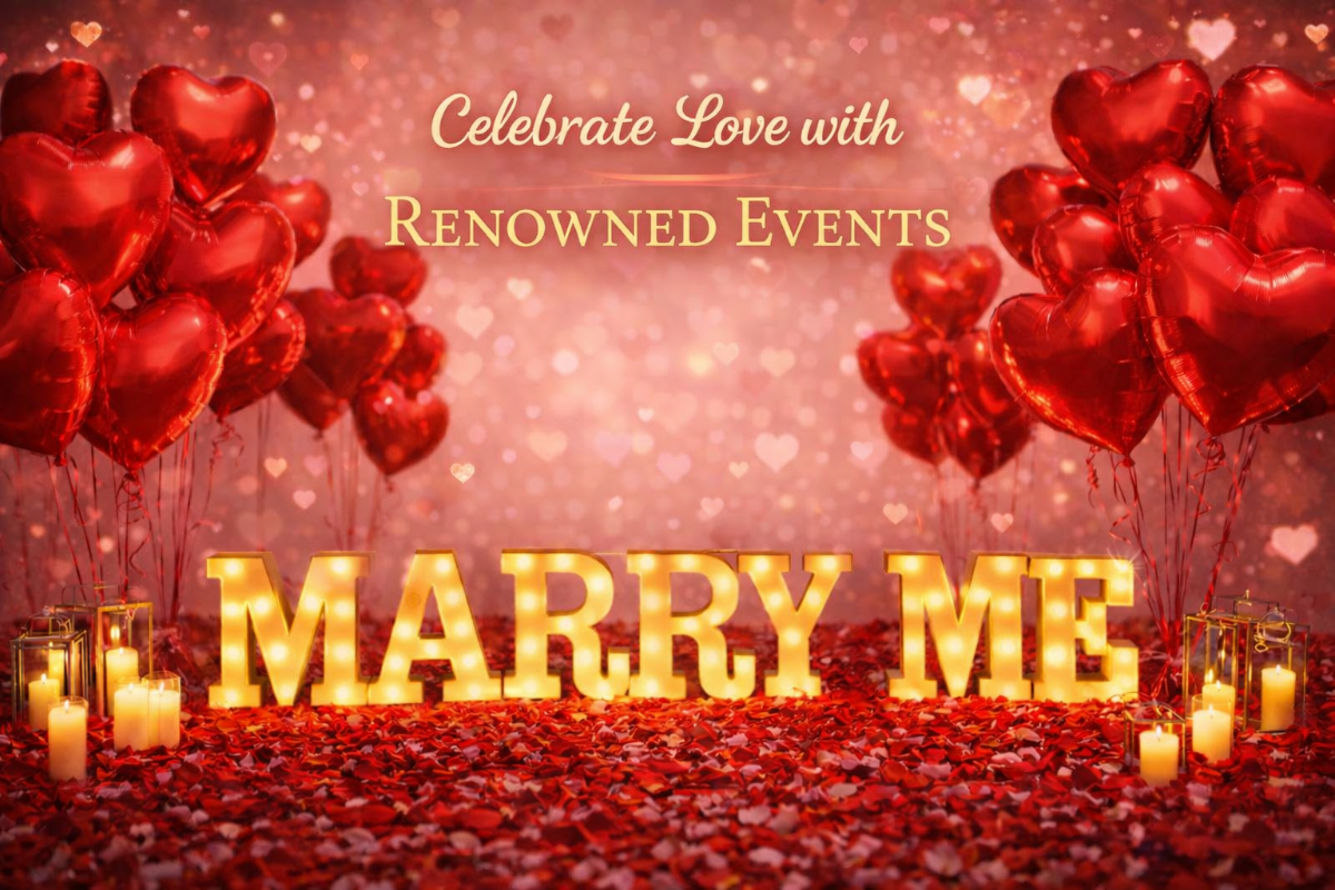 Proposal scene with heart-shaped balloons, 'MARRY ME' lights, and candles on a romantic background.