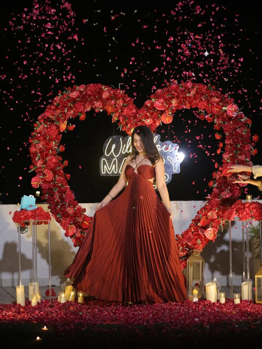 Luxury Surprise Proposal Setup with Heart Floral Arch, Candles & Romantic Decor