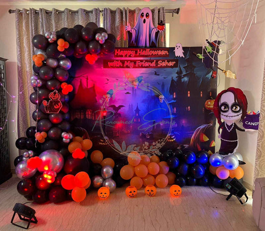 Spooky Halloween Backdrop with Cutouts and Balloons