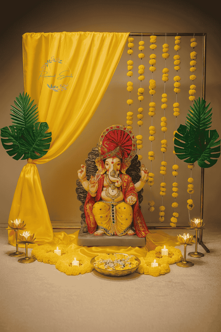 Ganesh Chaturthi Floral Decoration with Yellow Backdrop and Traditional Setup