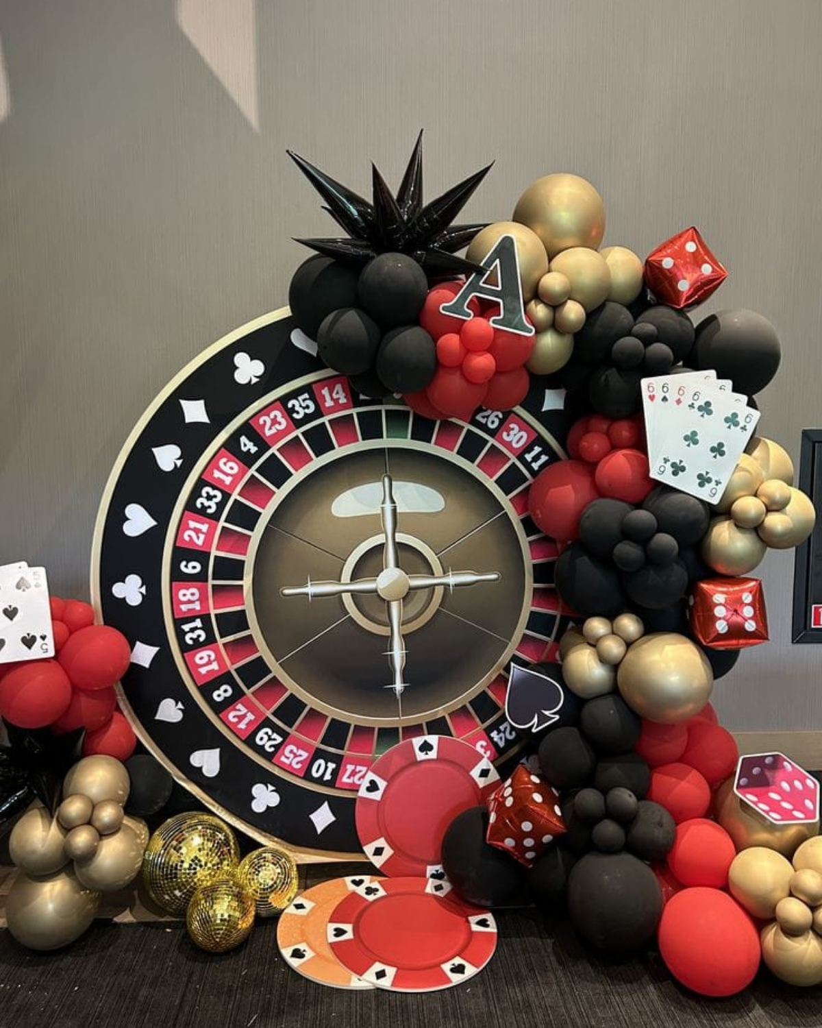 Casino Theme Roulette Backdrop Decoration with Balloons and Playing Ca – Renowned Events
