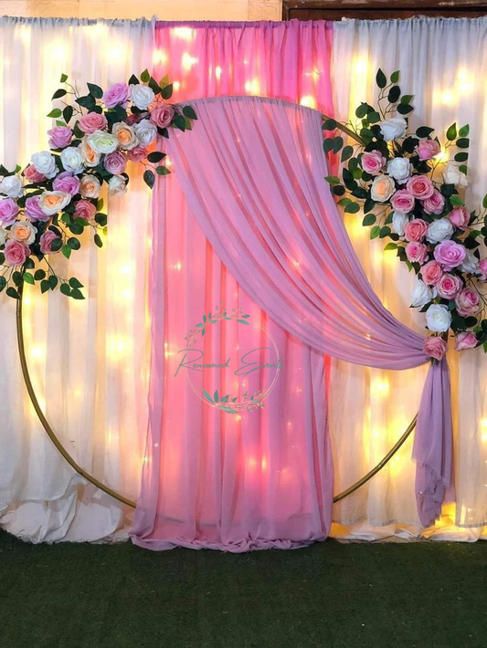 Women’s Day Floral Ring Backdrop with Pink Drapes & LED Lights | Corporate Event Decor