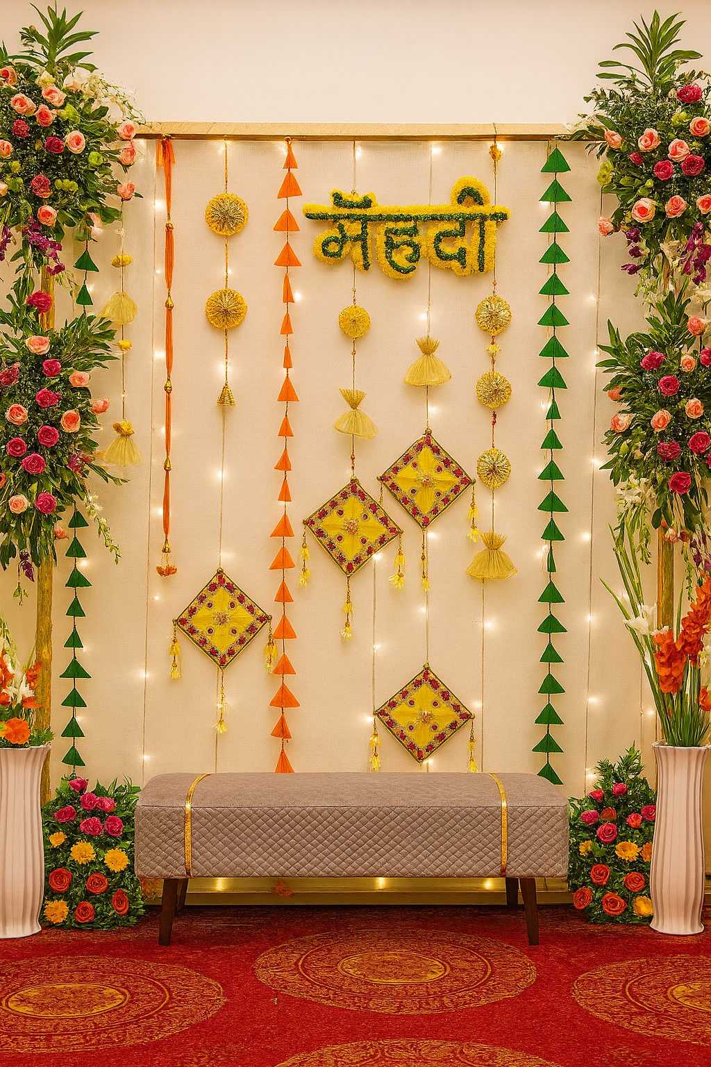 Traditional Mehndi Sitting Setup with Floral Arrangements & Lights
