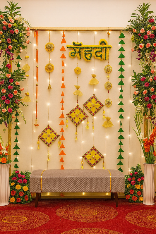 Traditional Mehndi Sitting Setup with Floral Arrangements & Lights