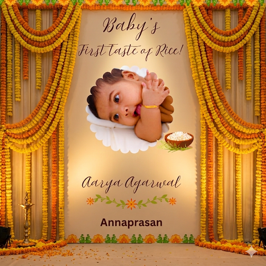 Annaprasan Backdrop with Marigold Garlands - Baby's First Rice Ceremony Decoration - Custom Name Banner for Annaprasanam - Traditional Indian Weaning Decor