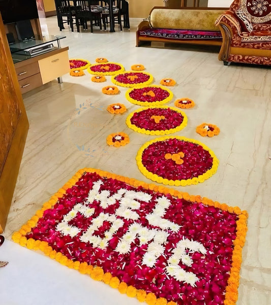 Newborn Baby Welcome Decoration at Home - Traditional Floral Entry Decor with Marigold & Rose Petals